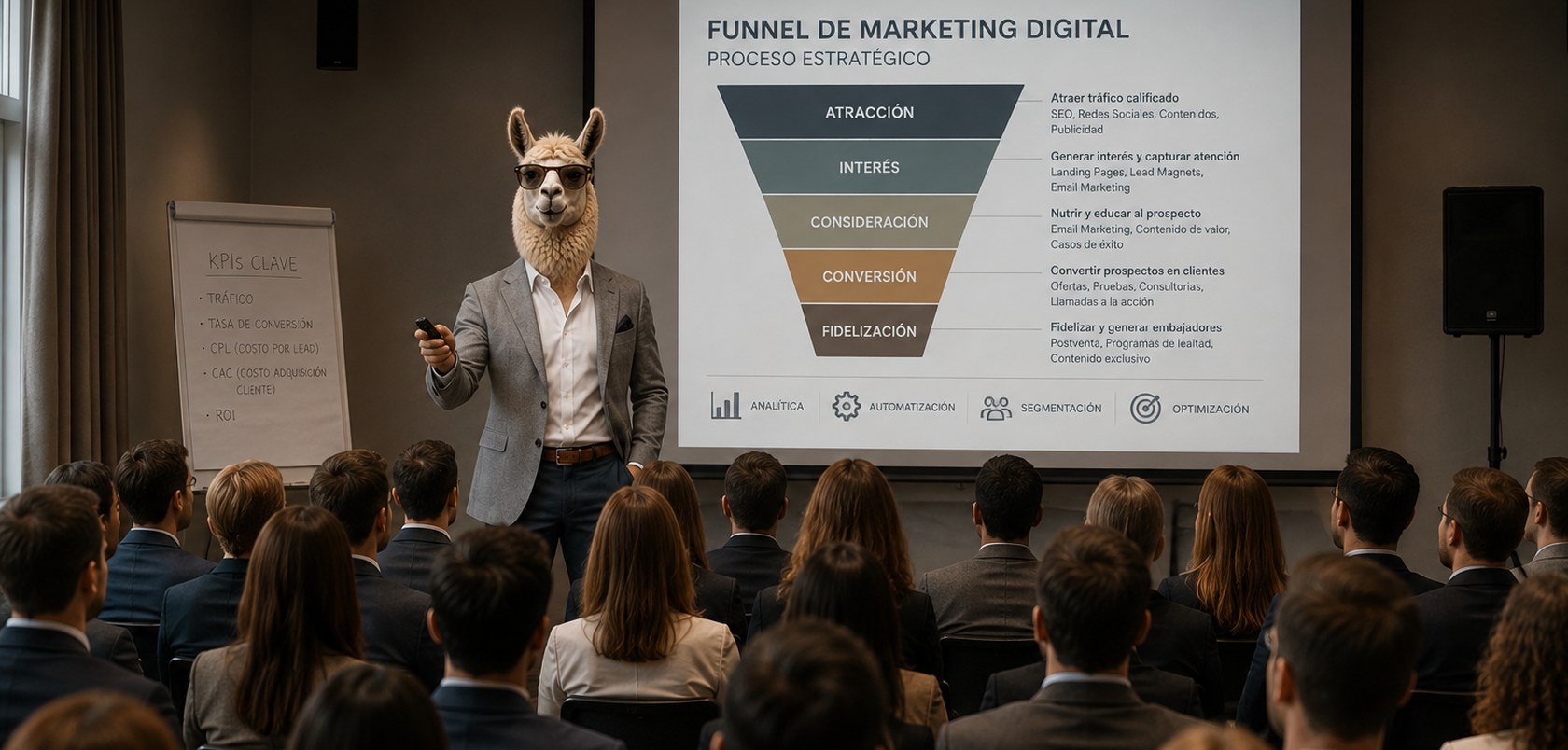 Alpha presentando el funnel de marketing digital a un equipo de negocio