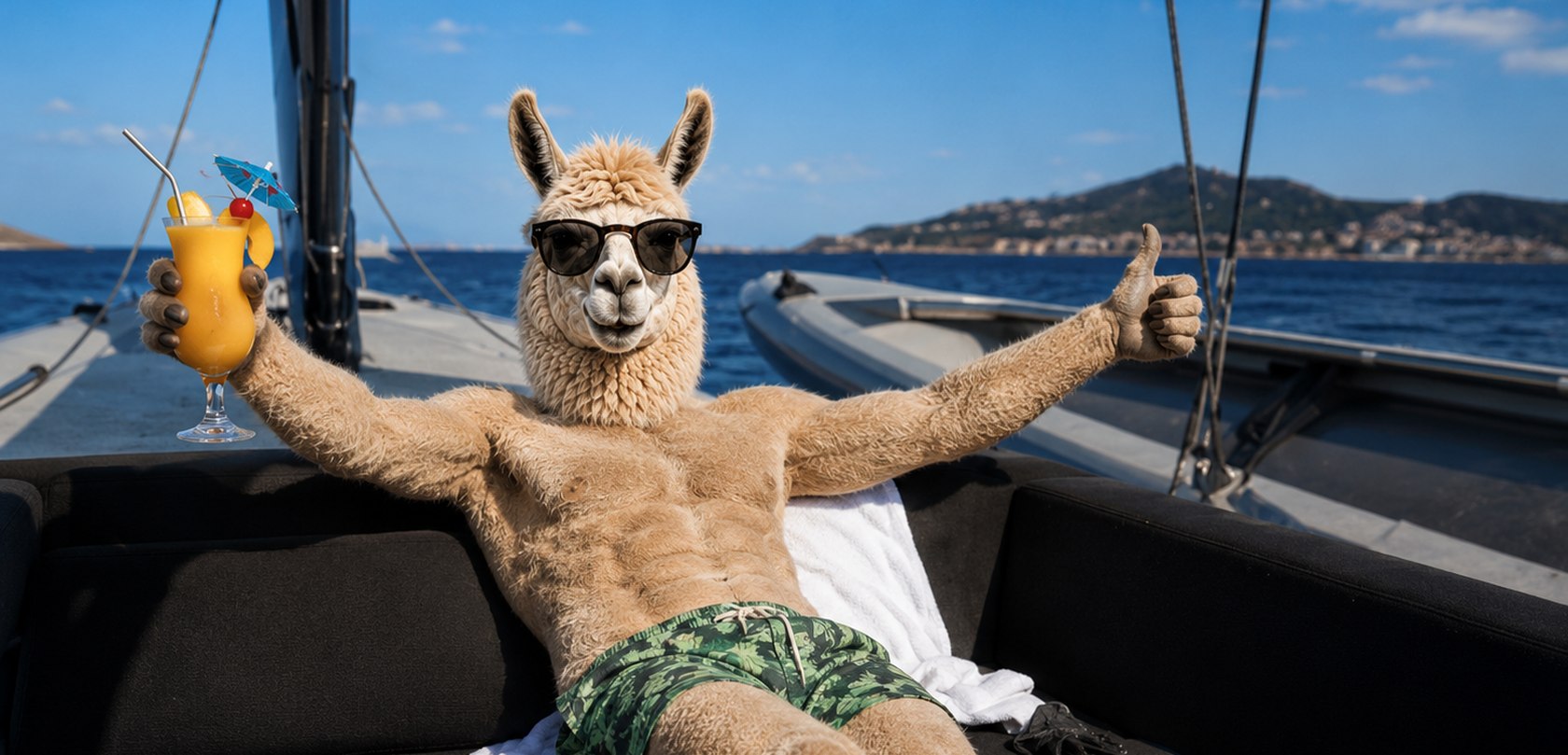 Llama relajada en un yate disfrutando de un cóctel